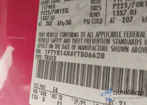 2000 Ford Ranger Xlt z USA, uszkodzony, nr VIN 1FTYR14X4YTB06628